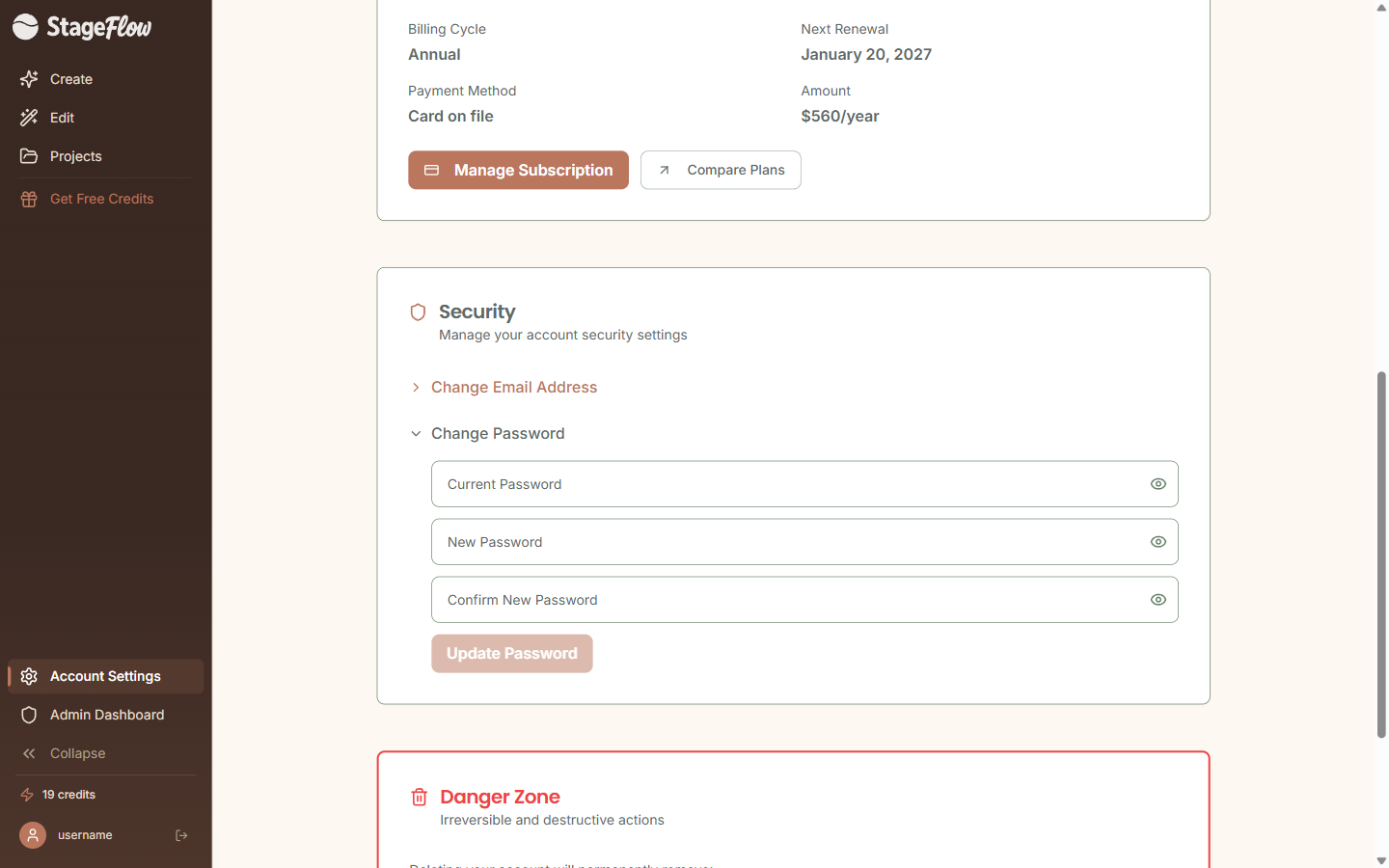 Security section with Change Email and Change Password options, plus Danger Zone