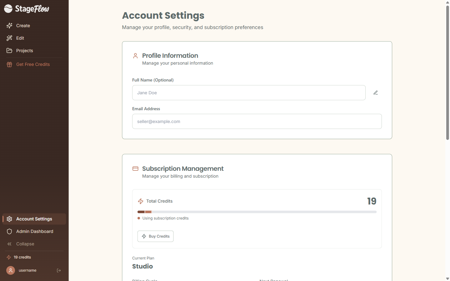 Account Settings showing subscription management and credit balance