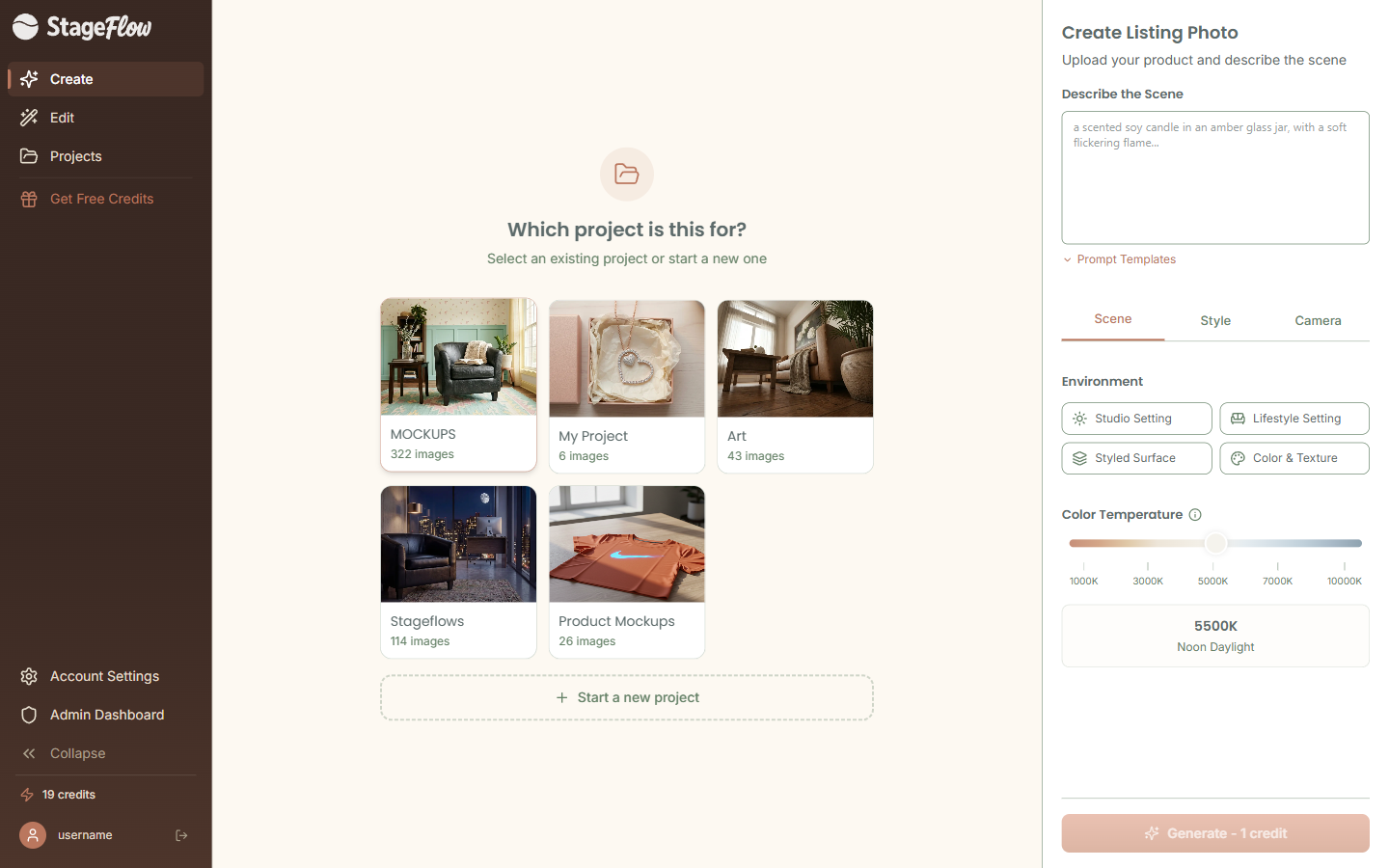 Project picker showing your existing projects