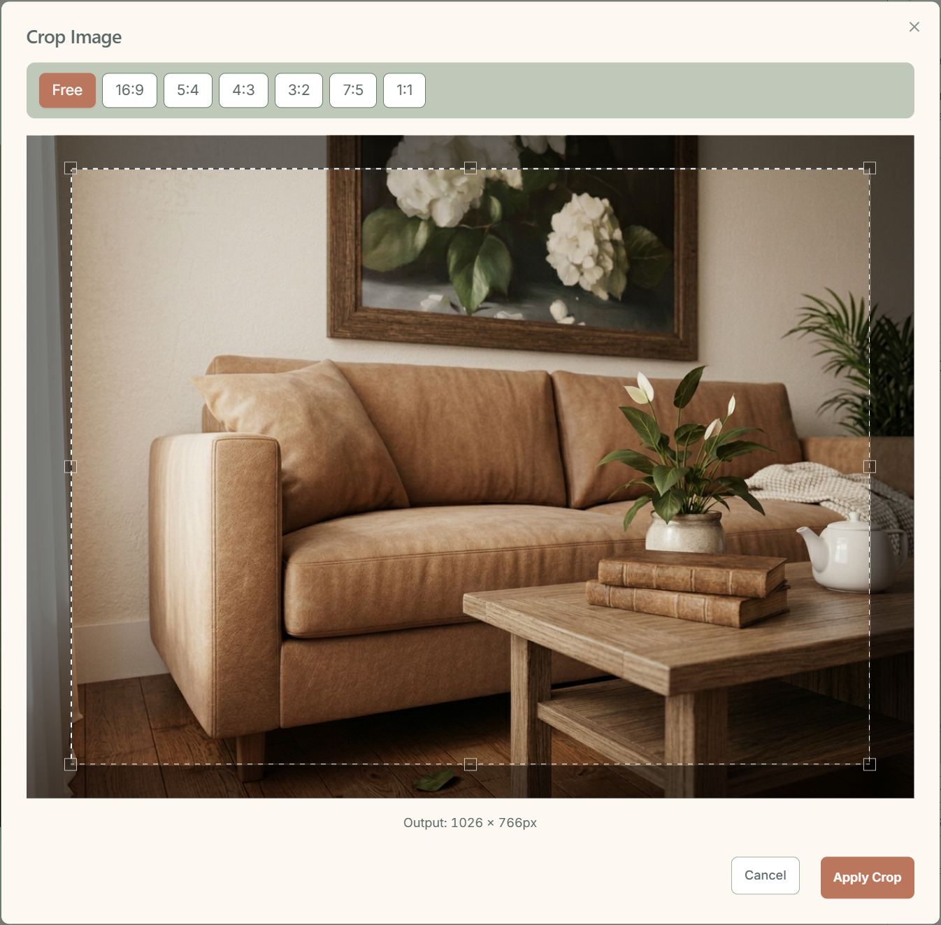 Crop modal with aspect ratio options and Apply Crop button