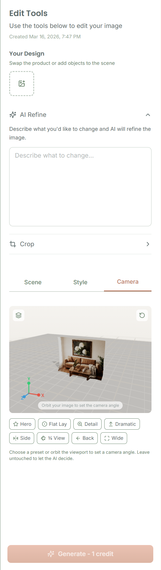 Camera angle presets in the Camera tab