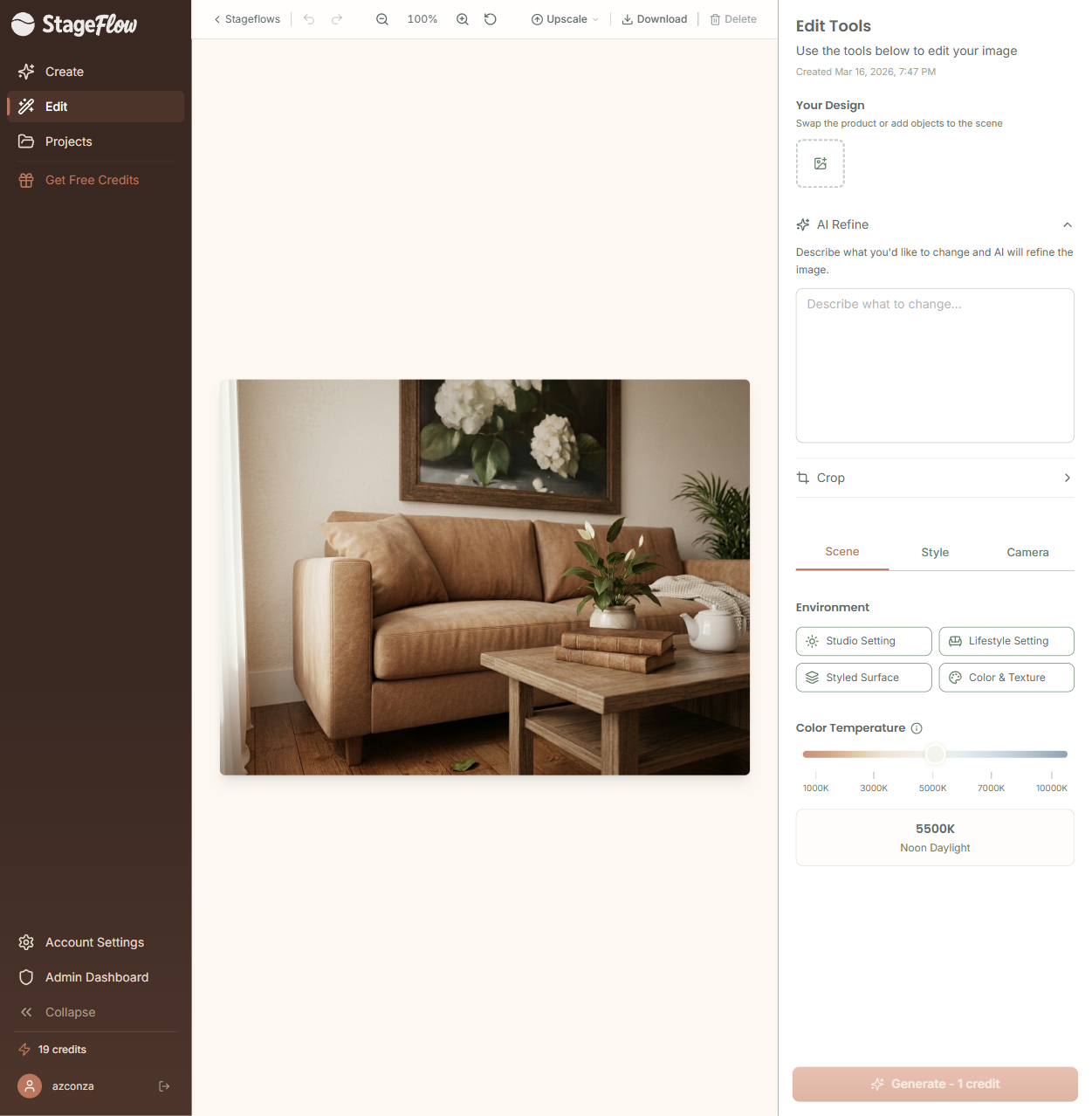 StageFlow Edit page showing the canvas, toolbar, and Edit Tools panel
