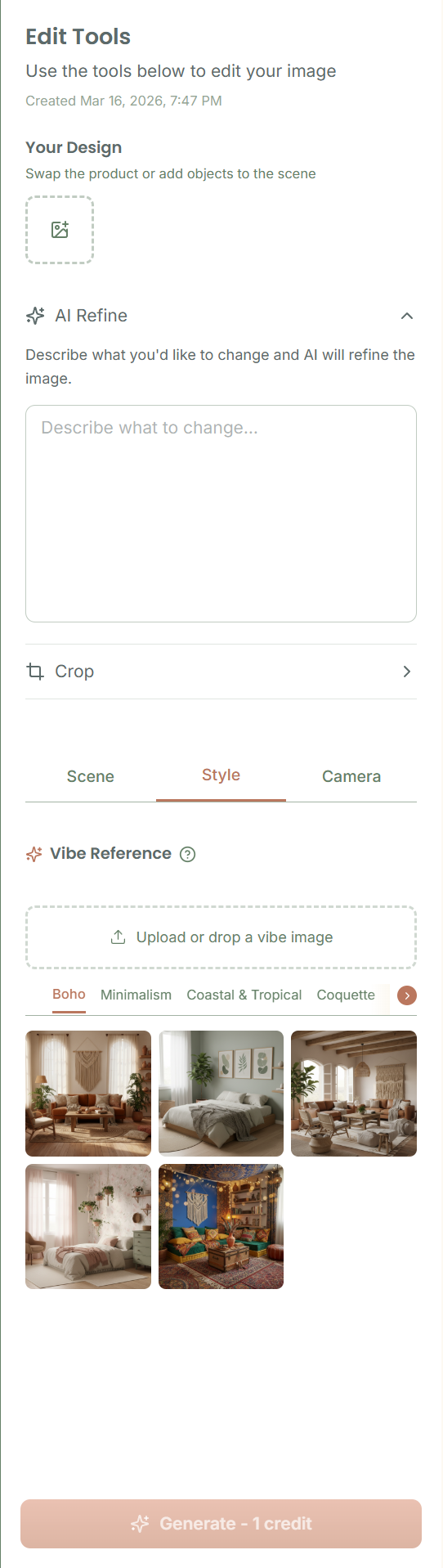 Vibe Library showing categories and preset thumbnails in the Style tab