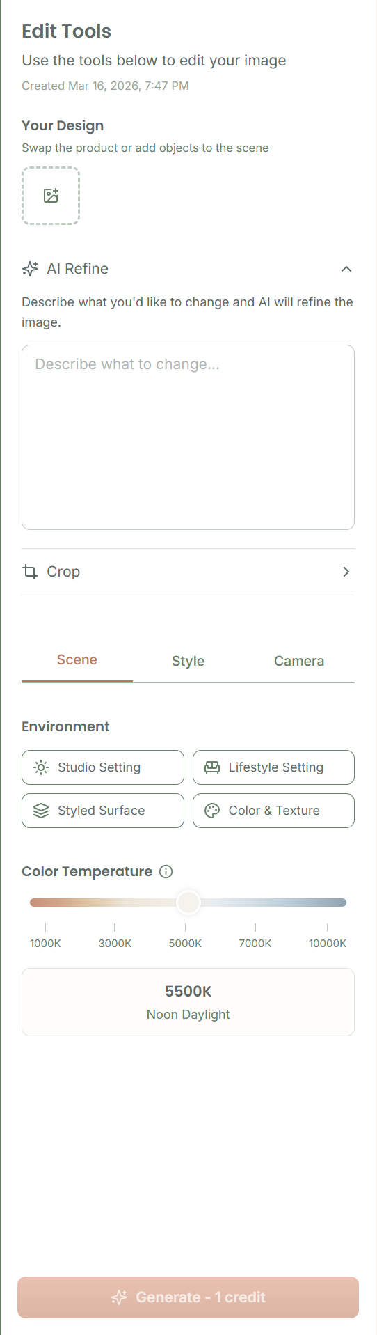 Environment presets and Color Temperature controls in the Scene tab