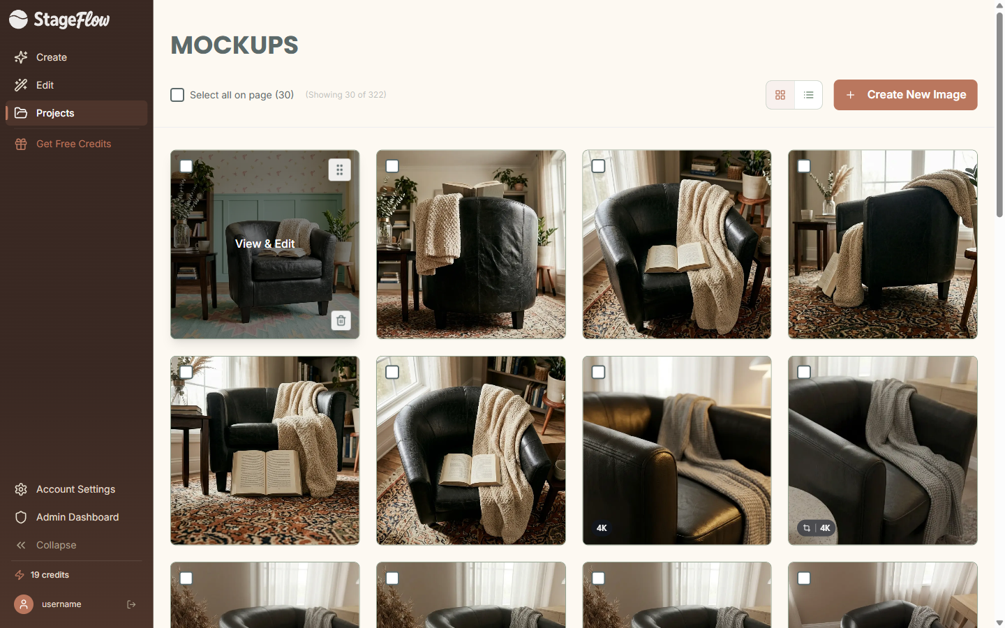 Project detail view showing image grid with checkboxes and quality badges