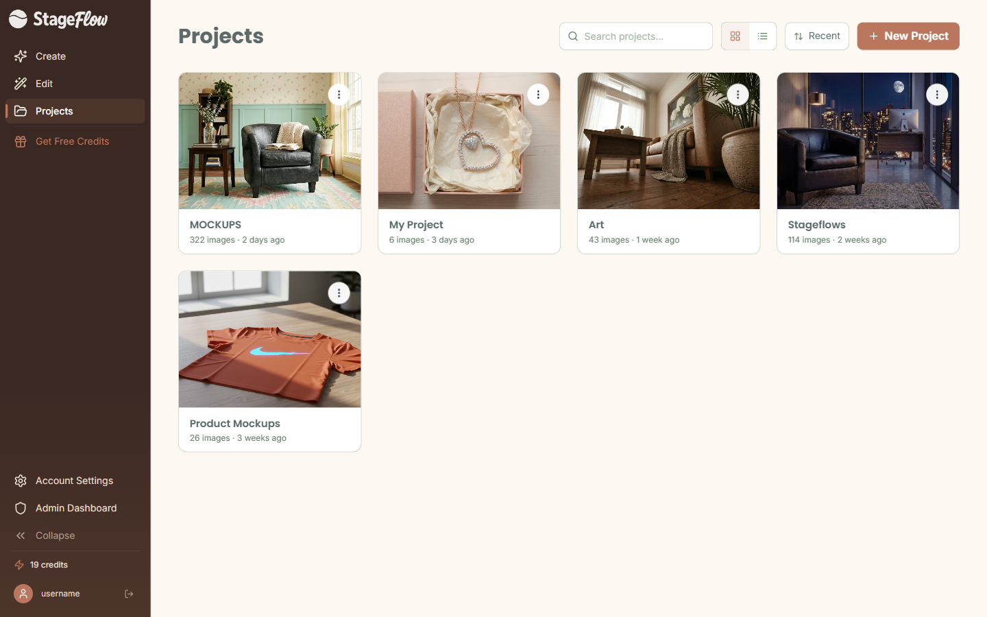 Projects page showing your project gallery with search and sort options